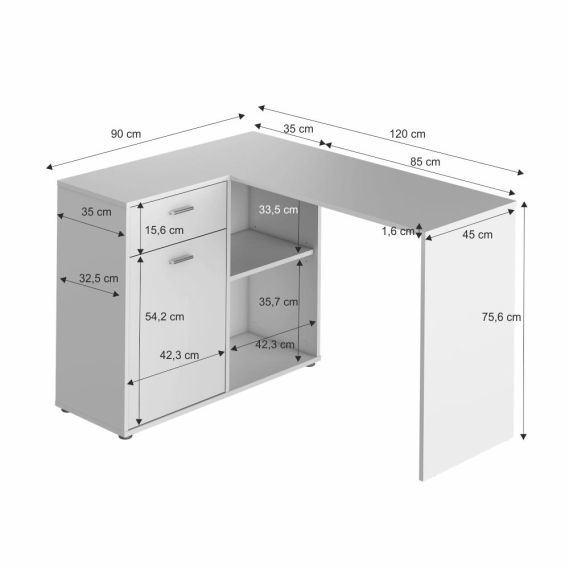 Rohový PC stôl, biela, KALIMERO