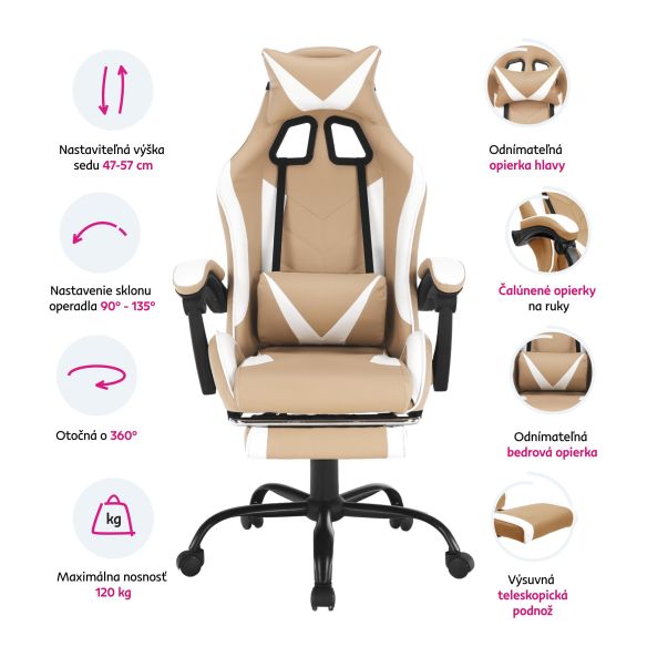 Kancelárske/herné kreslo, čierna/biela/béžová, OZGE 2 NEW