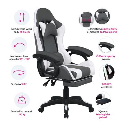 Kancelárske/herné kreslo s RGB LED podsvietením, čierna/biela, JOVELA 2