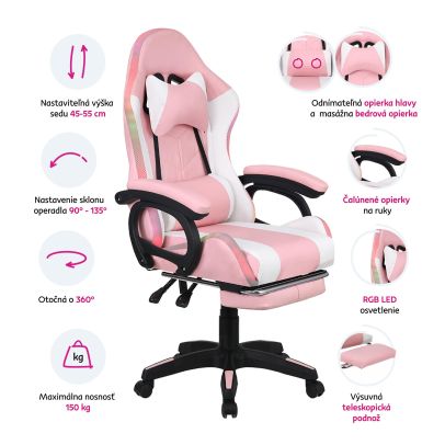 Kancelárske/herné kreslo s RGB LED podsvietením, ružová/biela, JOVELA 2