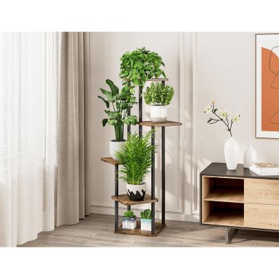 Kovový stojan na kvety, čierna/rustikálne drevo, ADITE 2