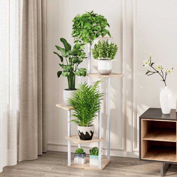 Kovový stojan na kvety, biela/dub sonoma, ADITE