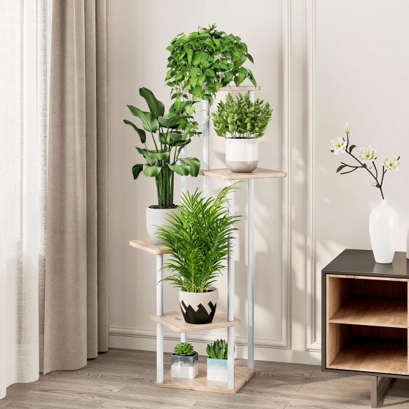 Kovový stojan na kvety, biela/dub sonoma, ADITE