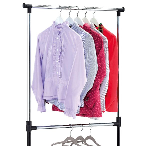 Stojan na šaty dvojramenný  s odkladačom, čierna farba, kov / plast, chrom ABD-1213 BK