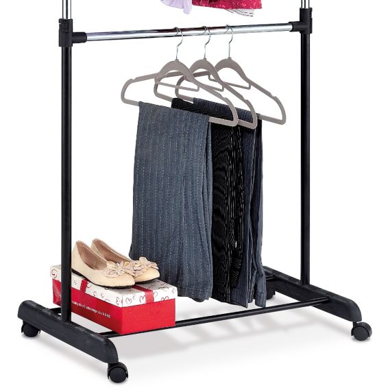 Stojan na šaty dvojramenný  s odkladačom, čierna farba, kov / plast, chrom ABD-1213 BK