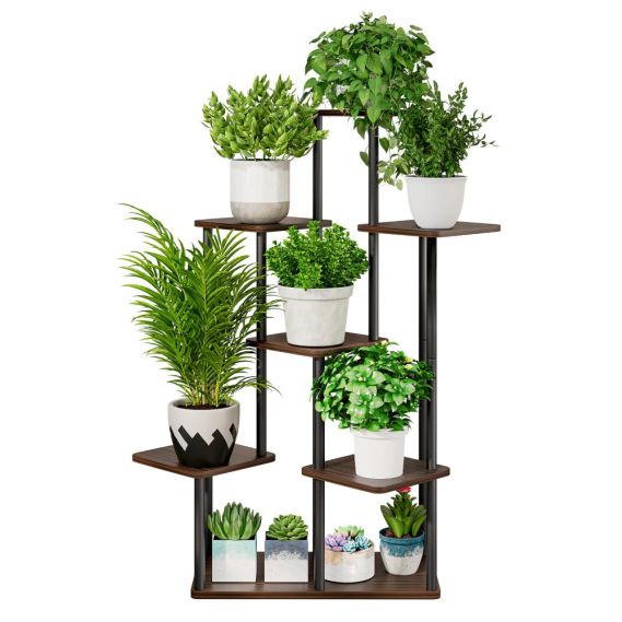 Kovový stojan na kvety, čierna/rustikálne drevo, ADITE TYP 2