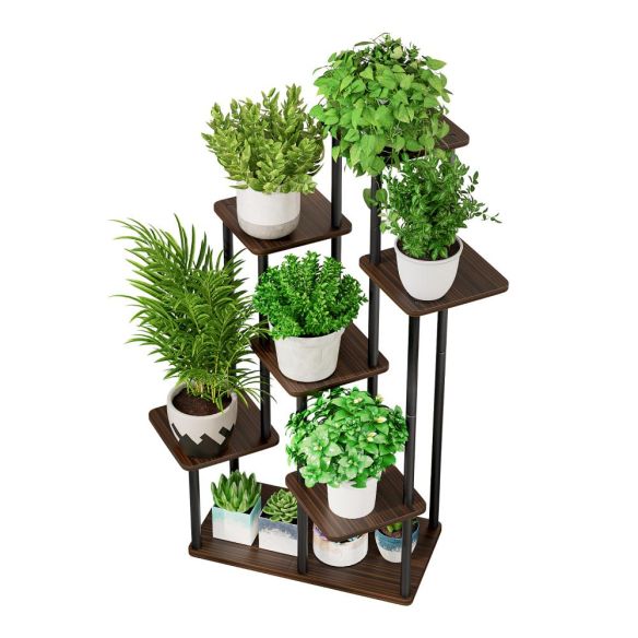 Kovový stojan na kvety, čierna/rustikálne drevo, ADITE TYP 2