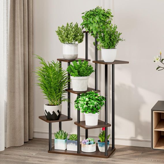 Kovový stojan na kvety, čierna/rustikálne drevo, ADITE TYP 2