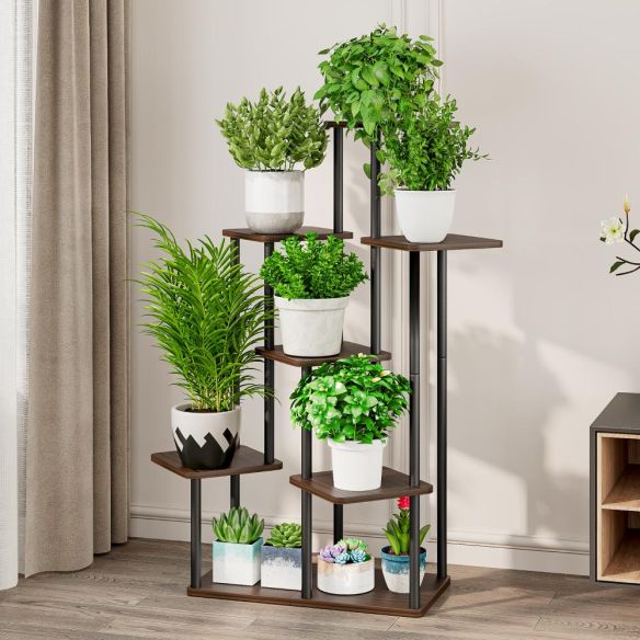 Kovový stojan na kvety, čierna/rustikálne drevo, ADITE TYP 2