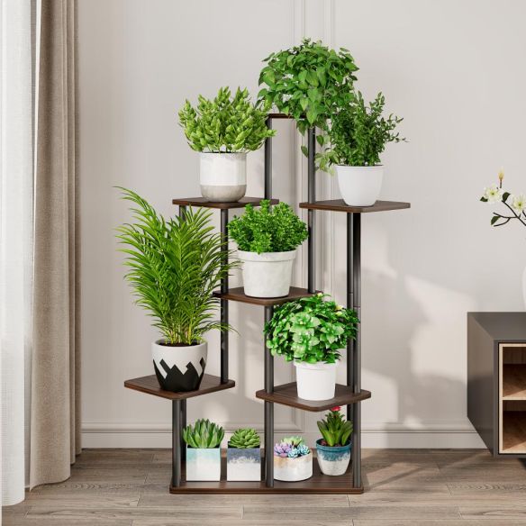 Kovový stojan na kvety, čierna/rustikálne drevo, ADITE TYP 2