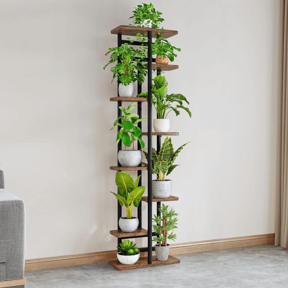 Kovový stojan na kvety, čierna/rustikálne drevo, LEDOR TYP 4