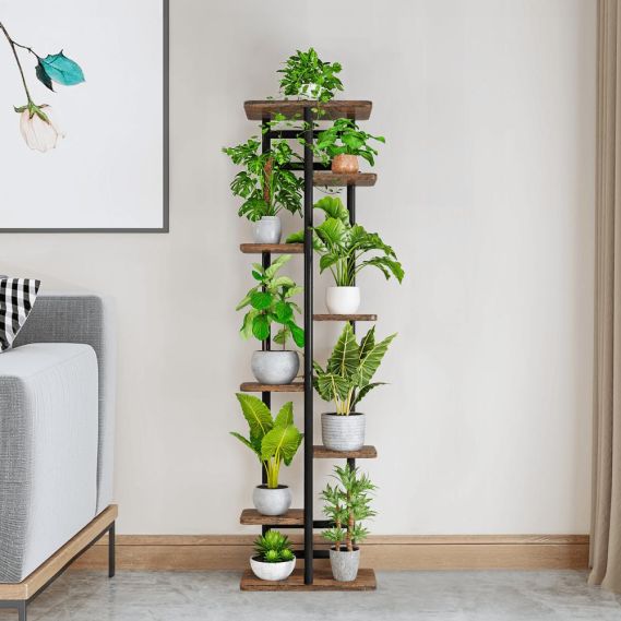 Kovový stojan na kvety, čierna/rustikálne drevo, LEDOR TYP 4