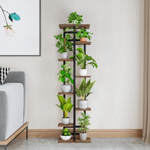 Kovový stojan na kvety, čierna/rustikálne drevo, LEDOR TYP 4