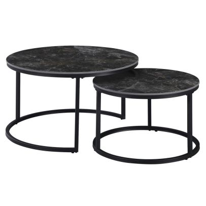 Konferenčné stolíky, set 2 ks, čierny mramor/čierna oceľ, LASTRO