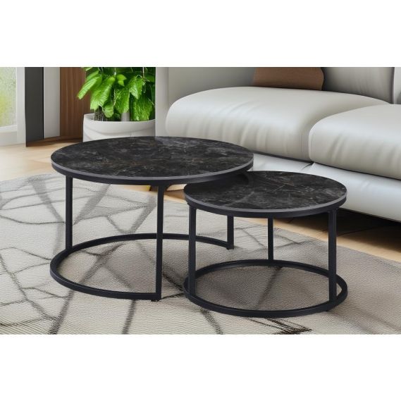 Konferenčné stolíky, set 2 ks, čierny mramor/čierna oceľ, LASTRO