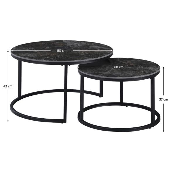Konferenčné stolíky, set 2 ks, čierny mramor/čierna oceľ, LASTRO