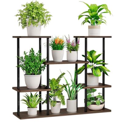 Kovový stojan na kvety, čierna/rustikálne drevo, LEDER