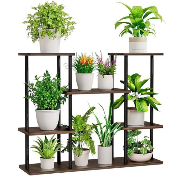 Kovový stojan na kvety, čierna/rustikálne drevo, LEDER