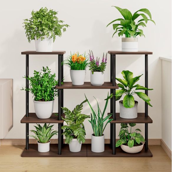 Kovový stojan na kvety, čierna/rustikálne drevo, LEDER