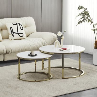 Konferenčné stolíky, set 2 ks, imitácia mramoru/gold chróm-zlatý, DEVNET 3 NEW 2