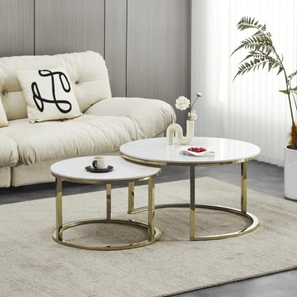 Konferenčné stolíky, set 2 ks, imitácia mramoru/gold chróm-zlatý, DEVNET 3 NEW